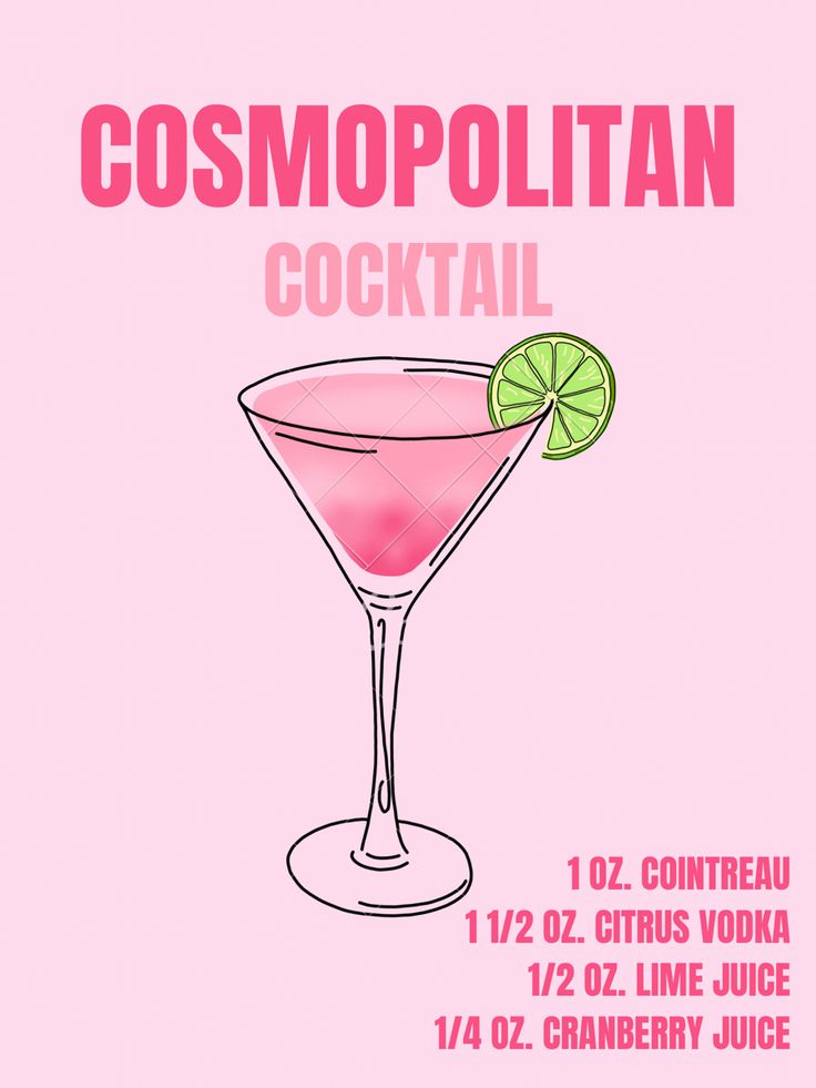 a pink poster with a cocktail in it and the words cosmopolian cocktail