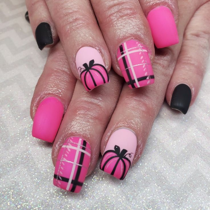 Easy Fall Nail Art Tutorials, Pink And Orange Fall Nails, Pink Pumpkin Nail Art, Pink Pumpkins Nails, Pink Flannel Nails, Pink Pumpkin Nails Fall, Hot Pink Fall Nails, Kids Fall Nails Ideas, Purple Pumpkin Nails