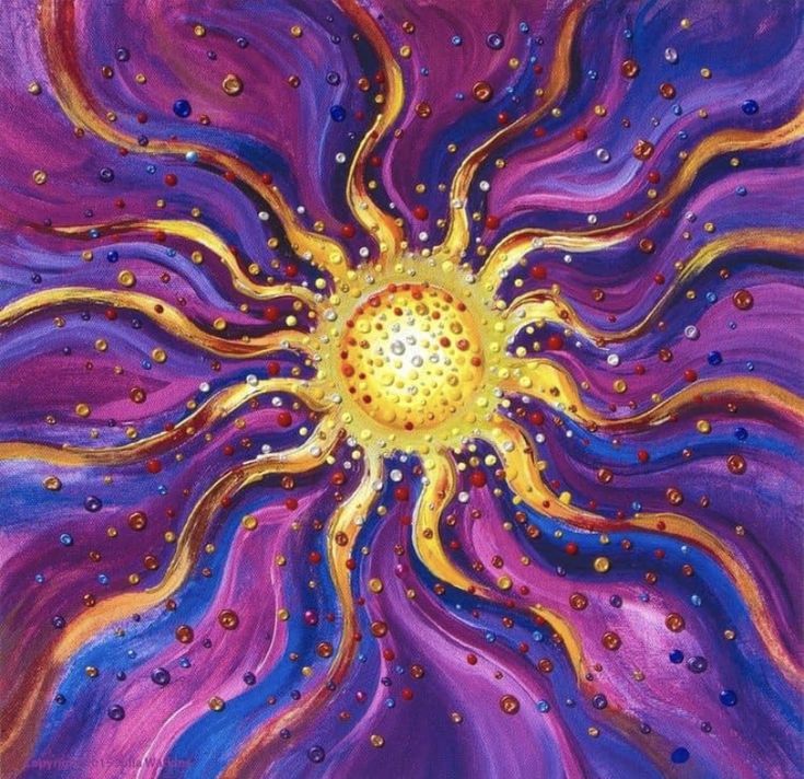 the sun is painted in purple, yellow and blue colors with bubbles on it's surface