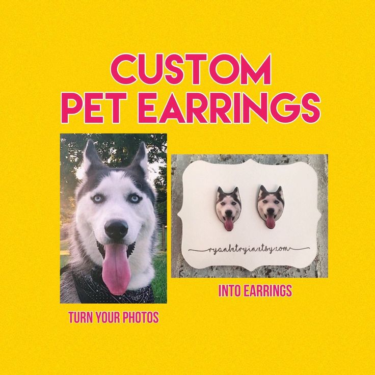 a dog with its tongue out and two ears hanging from it's back, in front of the words custom pet earings