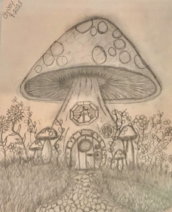 a drawing of a mushroom house in the grass