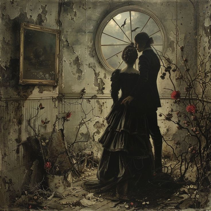 a man and woman standing next to each other in front of a window with roses on it