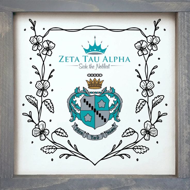 the emblem for zeta tau alpha is shown in a frame with flowers and leaves