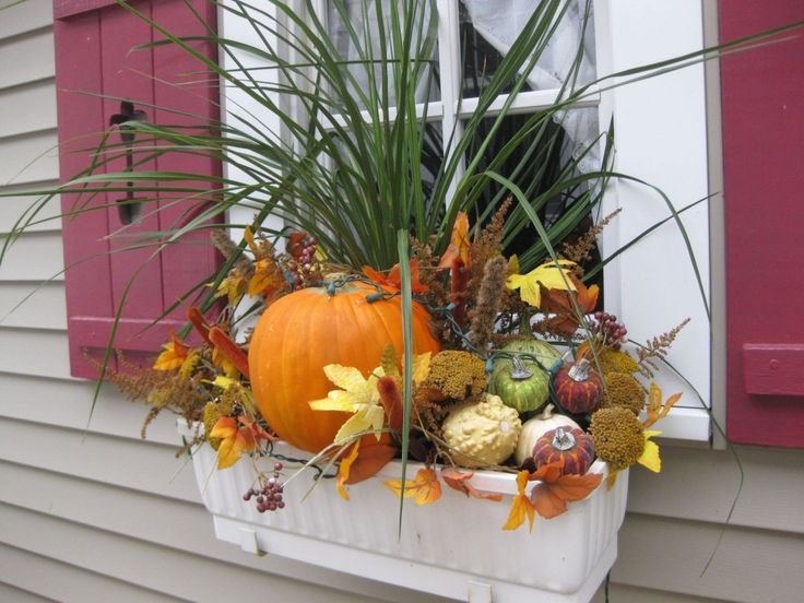 a window sill filled with pumpkins and flowers