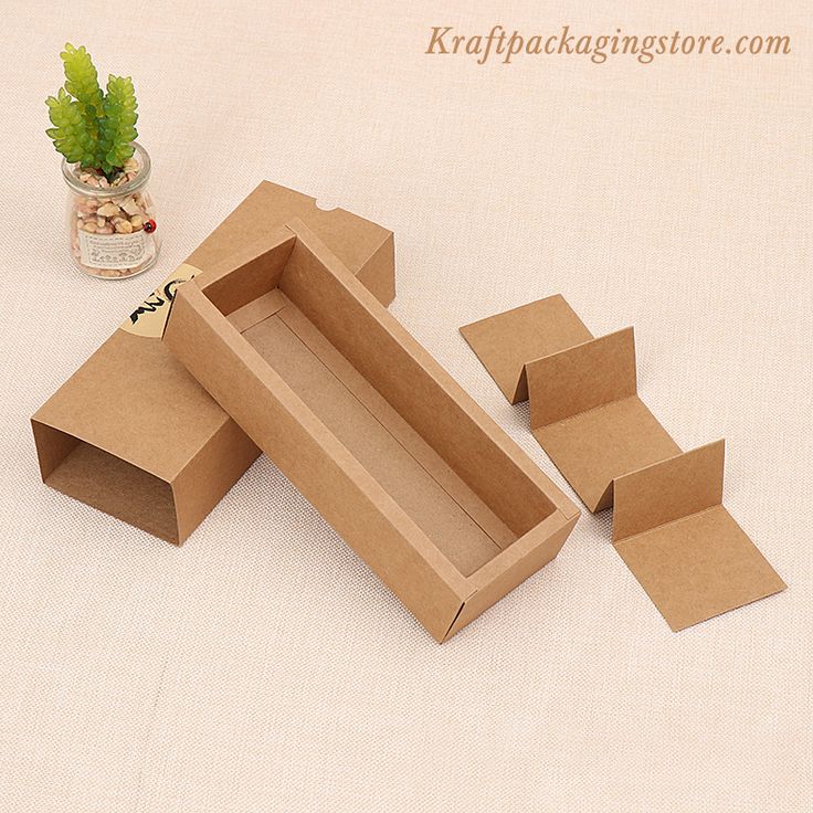 an open cardboard box sitting on top of a table next to a small potted plant