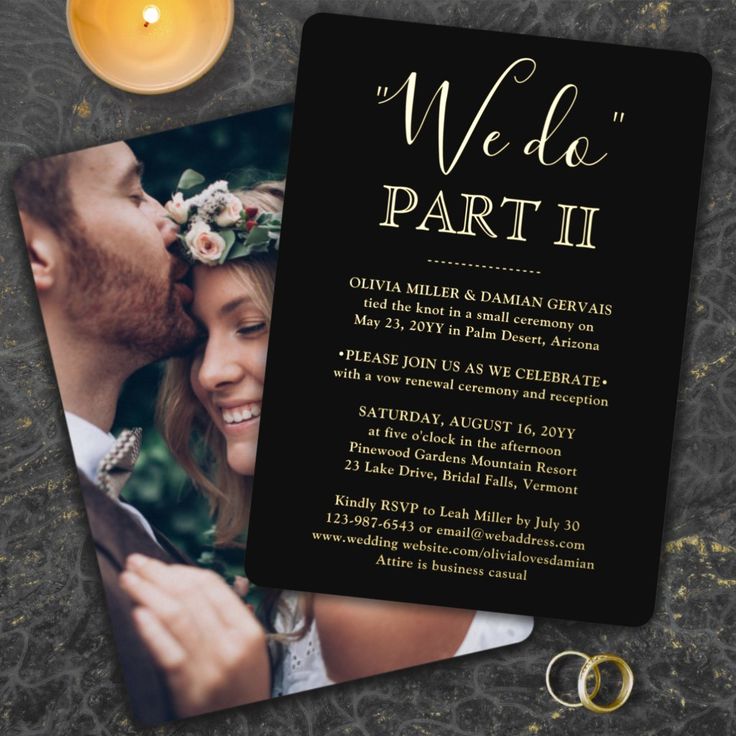 the wedding party card is next to a candle and two rings on top of it