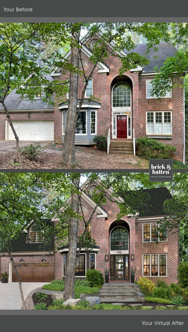 two pictures of a brick house with trees and bushes