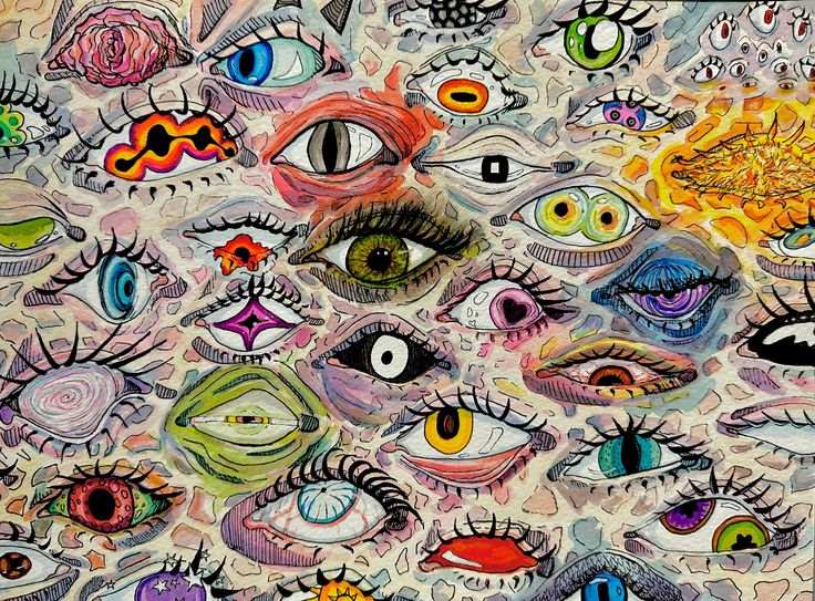 an artistic painting with many different colored eyes