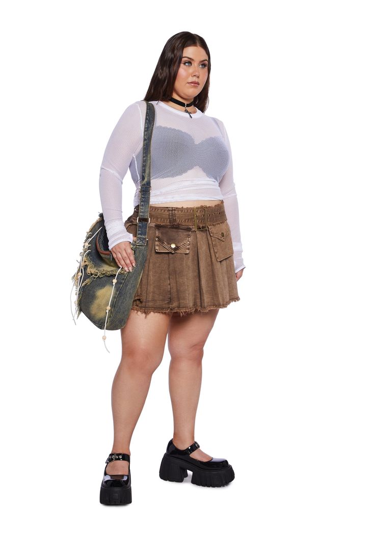 This cargo skirt has a distressed denim construction with a pleated design, front and back pockets with snap button closures, a removable belt with a buckle closure, a distressed hem, and a side zipper closure. Casual Cargo Skirt With Belt Loops For Fall, Plus Size Mini Skirt, Cargo Mini Skirt, Windsor Smith, Random Clothes, Denim Cargo, Pride Outfit, Cargo Skirt, Dolls Kill