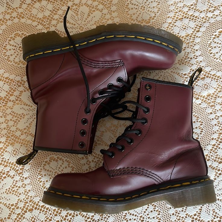 Reposhing This Item I Purchased From @Snacks333. I Thought I Was A 36 In Docs But Turns Out I Need A 37. These Boots Were Never Worn By Me- Just Tried On Once. Previous Owner Only Wore Them Once! Basically Brand New! Beautiful Deep Red Color. Dr Martens Boots Red, Aesthetic Red Shoes, Dark Red Doc Martens, Cool Doc Martens, Casual Boots With Red Sole For Spring, Casual Burgundy High-top Boots, Fitted Burgundy Casual Boots, Casual Ankle-high Burgundy Boots, Casual Burgundy Ankle-high Boots