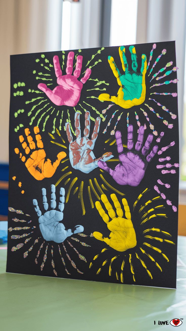 new year crafts for kids Firework Kids Craft, Firework Handprint Art, Happy New Year Toddler Crafts, New Years Projects For Toddlers, New Years Art For Toddlers Easy Crafts, New Years Eve Art Projects For Kids, Firework Painting For Kids, New Year Craft Ideas For Kids, New Years Projects For Preschoolers