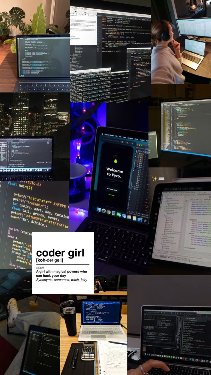 there are many computer screens and laptops on the desk together, all showing different programming languages