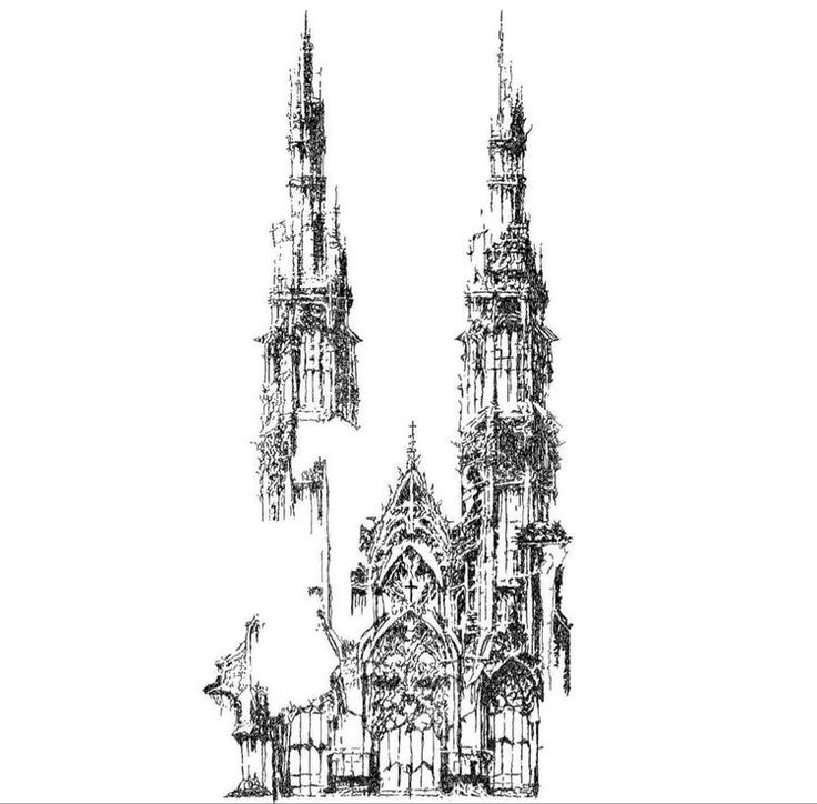 an ink drawing of a gothic cathedral with spires and scaffolding on the side