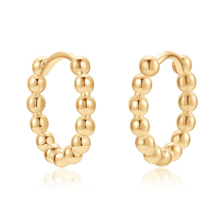 PRICES MAY VARY. 【LIGHTWEIGHT DESIGN】: These tiny and delicate gold huggies earrings are designed with beaded circles, so you won't feel uncomfortable wearing them, and we have enlarged the range of snap openings to make them easy to wear, so they are suitable for people who like cute gold earrings style. 【SIZE AND MATERIAL】: These earrings are made of 14k gold filled material, which can maintain a long lasting luster，earrings overall size of 13mm, two hands pinch up the left and right sides of Gold Earring Pack, Gold Huggie Hoop Earrings, Gold Huggies, Dainty Gold Earrings, Amazon Jewelry, Wishlist 2024, Hypoallergenic Jewelry, Beaded Hoop Earrings, Beaded Hoops