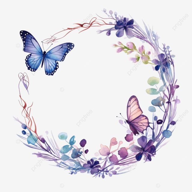 a watercolor painting of butterflies and flowers in a circular frame on a white background