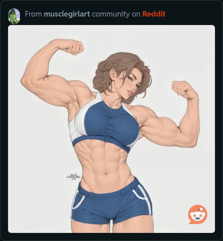 a woman in blue shorts flexing her muscles