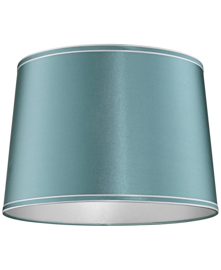 a blue lamp shade with white trim on the top and bottom part of the light fixture