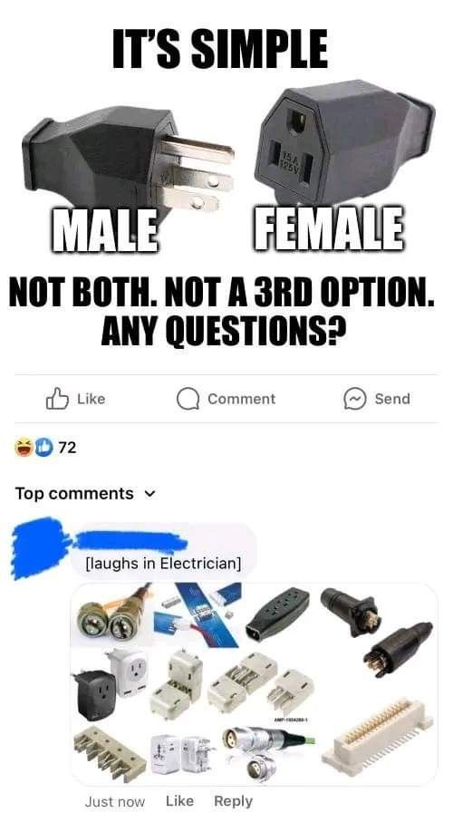 two different types of electrical plugs with caption that reads, it's simple male female not both not a 3rd option any questions?