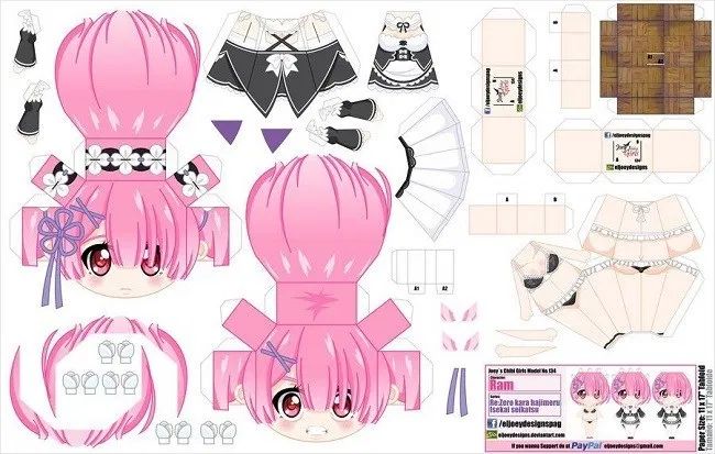 the paper doll has pink hair and clothes