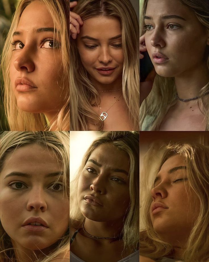 four different images of the same woman's face and neck, all with different facial expressions