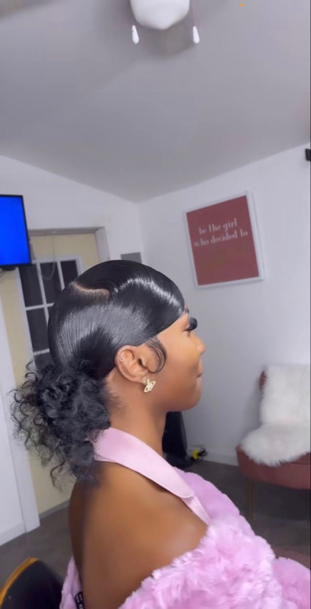 Two Buns With Swoop Weave, Swoop Two Low Buns, Swoop With Curly Ponytail, Two Messy Buns With Swoop, 2 Slick Back Buns With Swoop, Swoop 2 Buns, 2 Space Buns With Swoop, Slick Back 2 Buns, Swoop Bun Weave