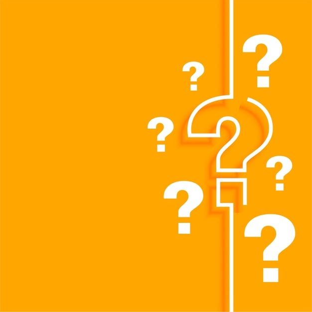 an orange background with white question marks on the bottom right corner, and one in the middle left corner