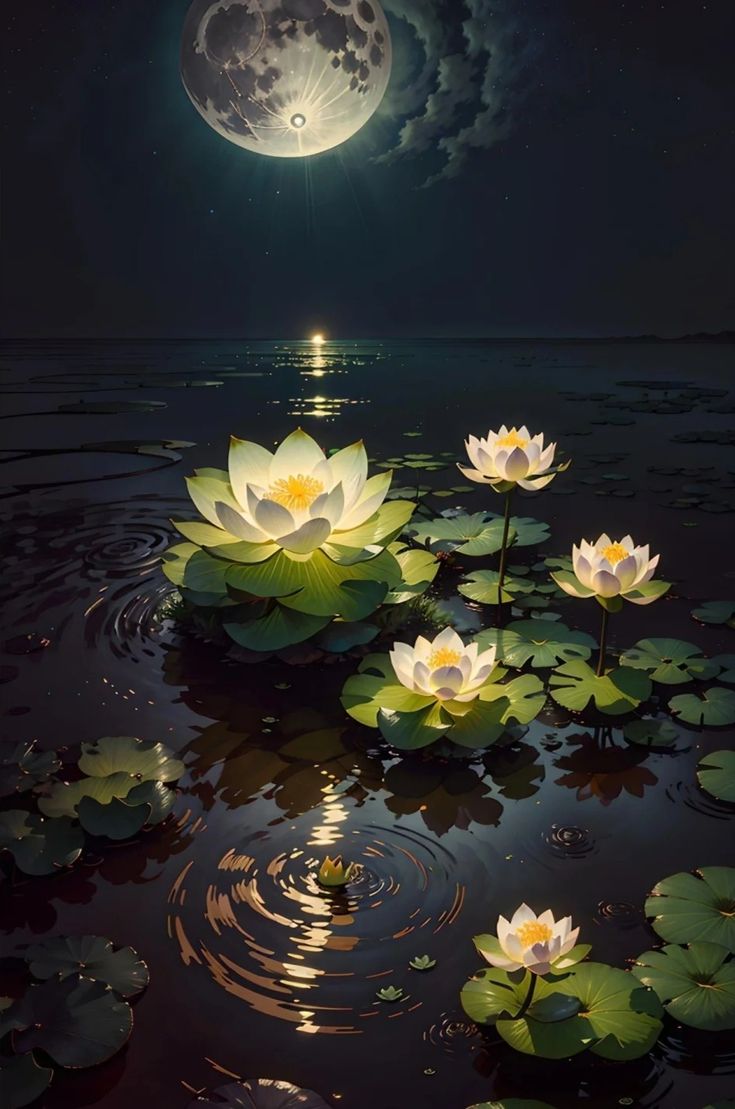 some water lilies are floating in the water at night with a full moon behind them