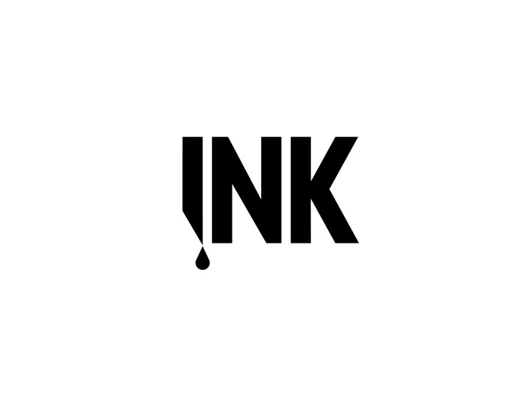 the ink logo is black and white, with an inverted letter in the bottom right corner