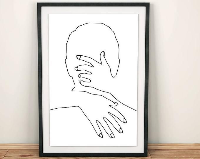 a black and white line drawing of two hands holding each other's head in front of a wooden shelf