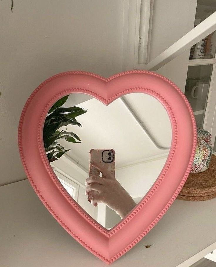 pink heart mirror Avrey Ovard, Danish Pastel Room, Pastel Room Decor, Bedroom Dressing Table, Heart Mirror, Pastel Room, Pinterest Room Decor, Danish Pastel, Pink Mirror