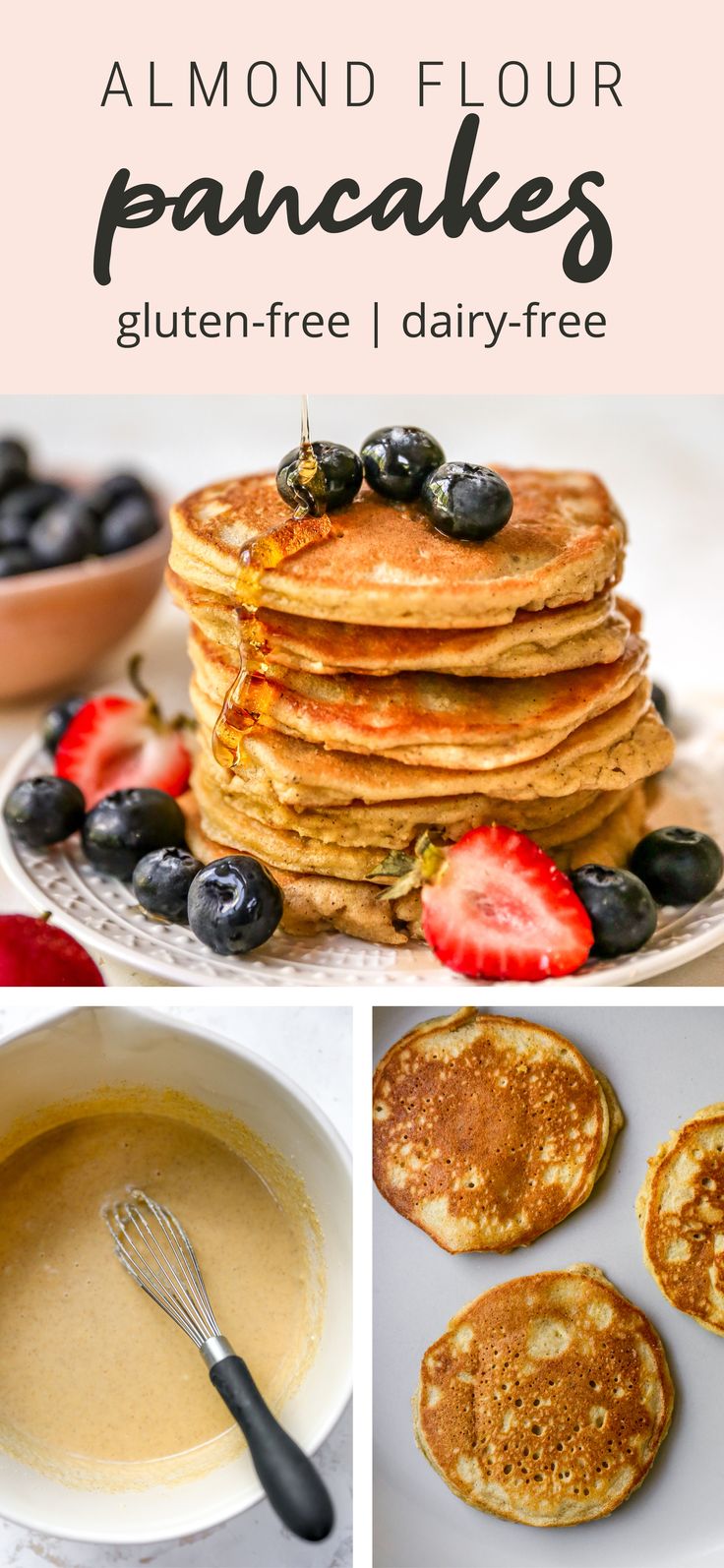 pancakes with blueberries, strawberries and syrup are shown in this collage for the recipe