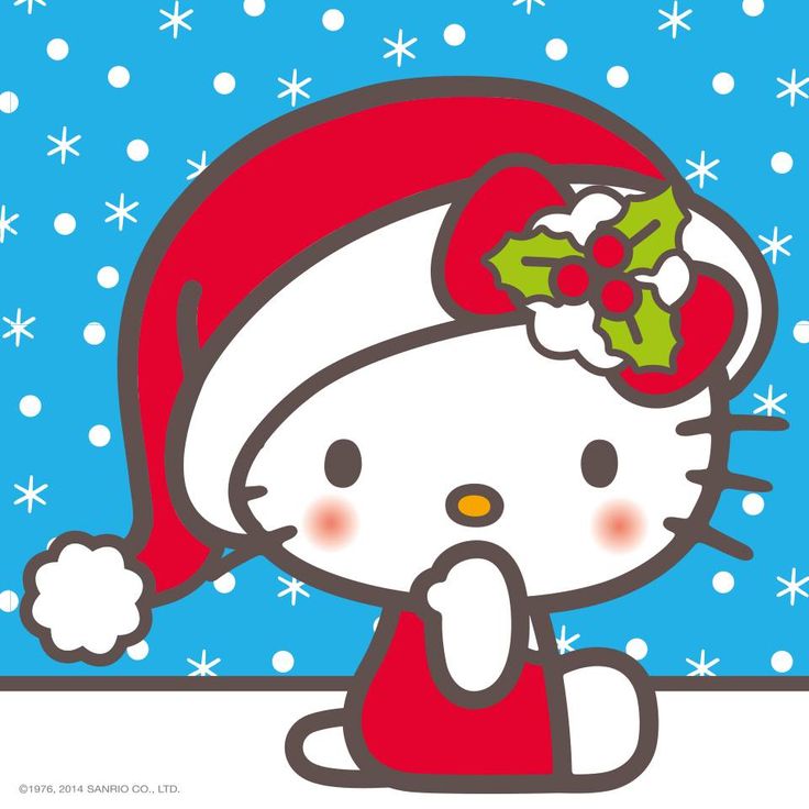 a hello kitty christmas card with snowflakes and holly on the top, sitting in front of a blue background