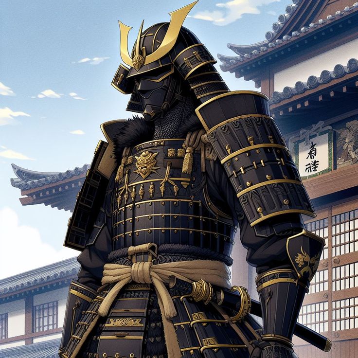 an illustration of a samurai standing in front of a building