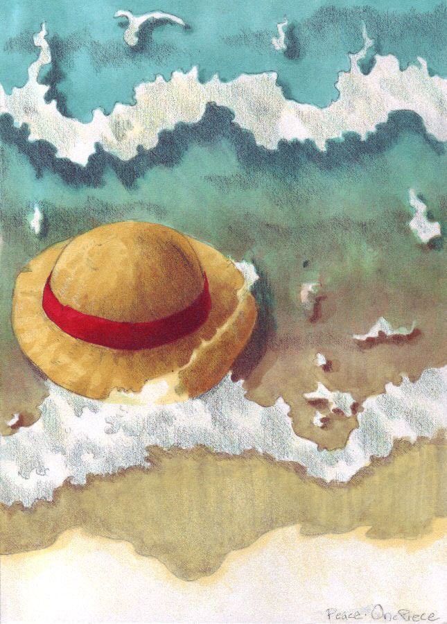 a painting of a hat on the beach