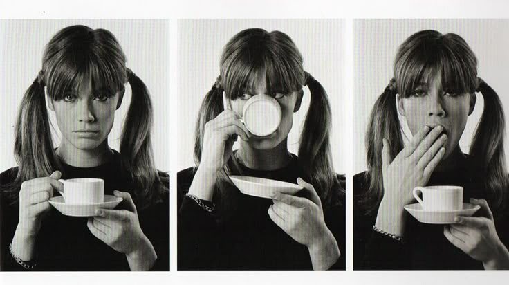 four photos of a woman holding a cup and saucer in front of her face