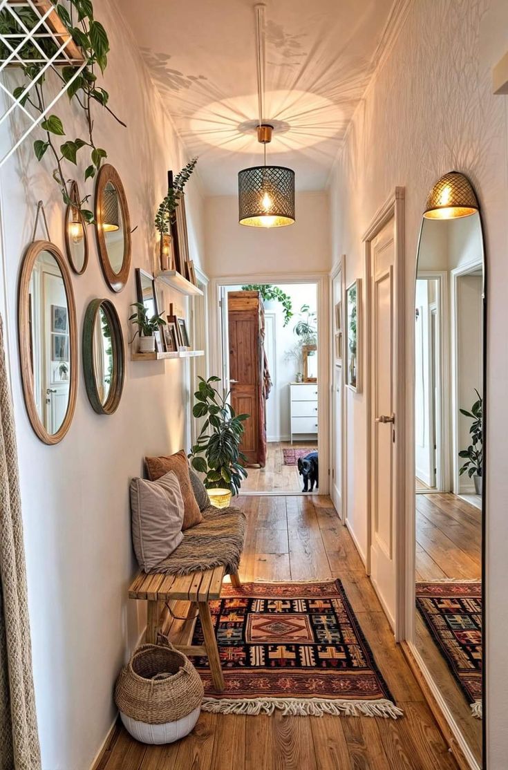 a hallway with wooden floors and mirrors on the wall, along with potted plants