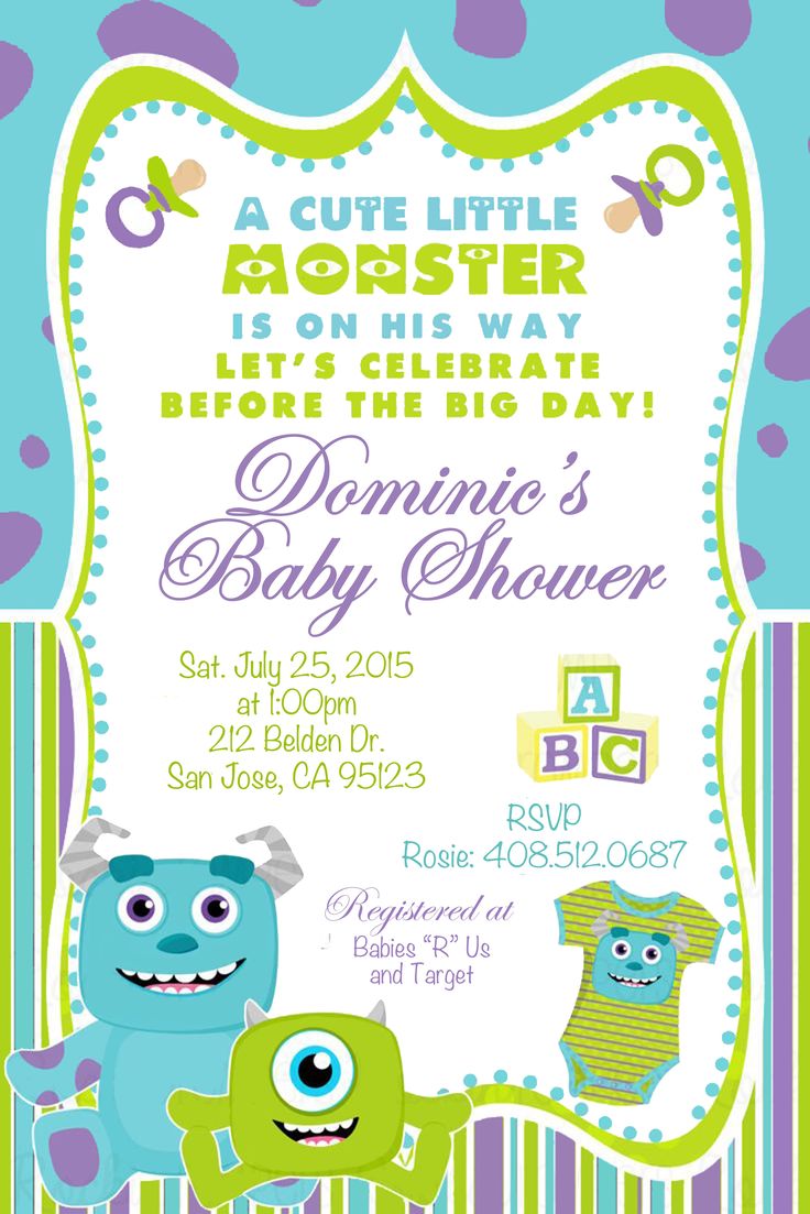 a baby shower is shown with monsters on the front and back of it's card