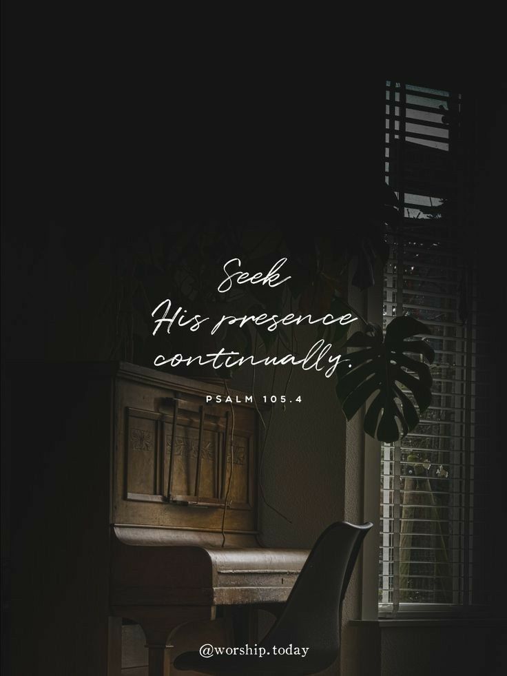 a chair sitting in front of a piano with a quote above it that reads seek his presence comfortably