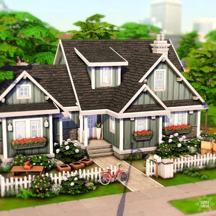 1 Story Sims House, Green Suburban House, Sims Home Design, Medium Sims 4 House, Sims 4 House With Attic, Sims 4 Aesthetic House Exterior, Sims 4 House Suburban, Sims 4 Home Exterior, Sims 4 House With Sunroom