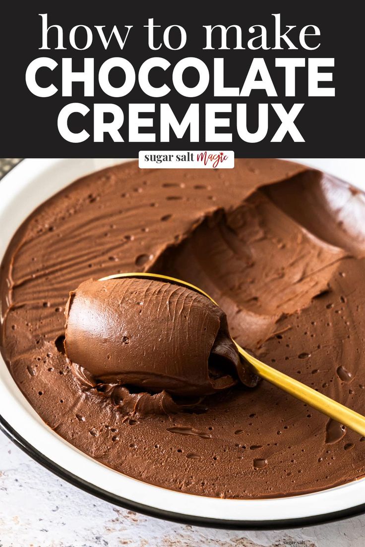 how to make chocolate cremeux on a white plate with a spoon in it