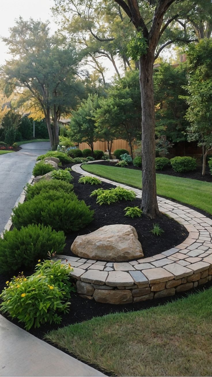 a stone path in the middle of a garden