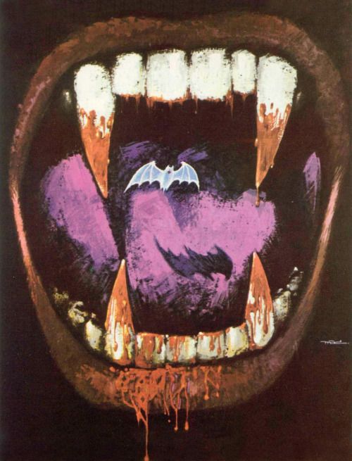 a painting of a purple monster with teeth and fangs