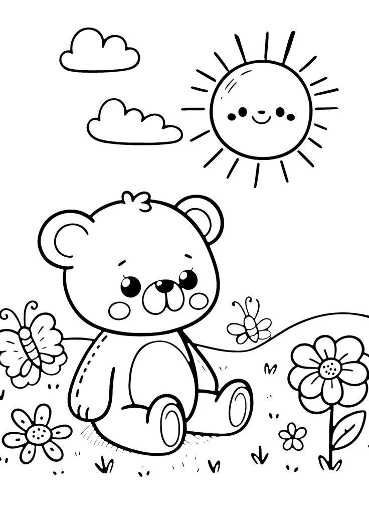 a black and white drawing of a teddy bear sitting on the ground with flowers in front of