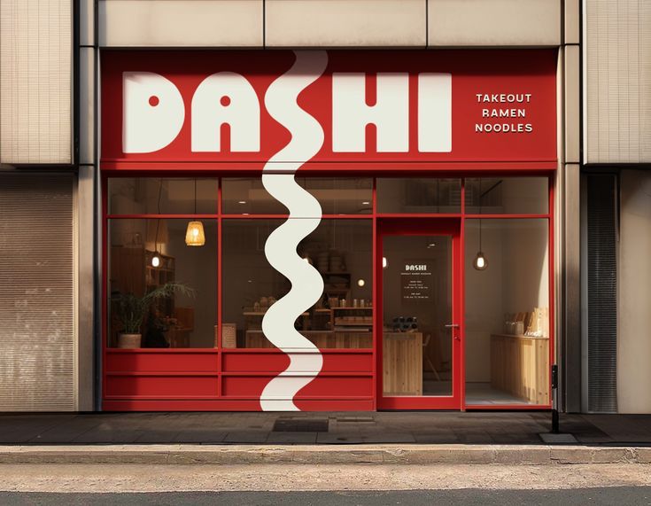 a red store front with the word dash painted on it's glass door and windows