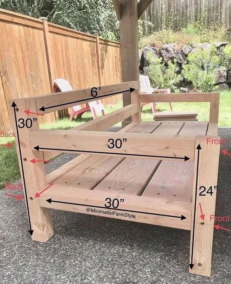 a wooden bench with measurements for the seat