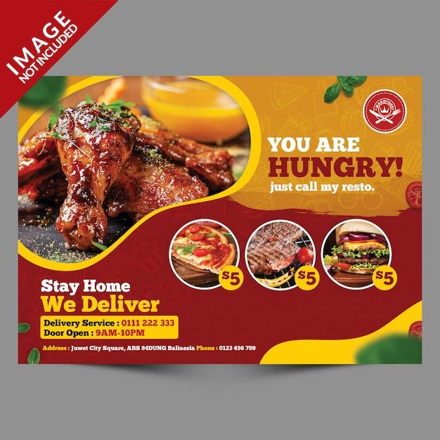 an advertisement for a restaurant with meats and vegetables on the front, in red and yellow colors