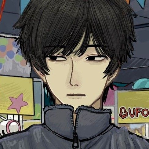 an anime character with black hair wearing a gray jacket and standing in front of a store