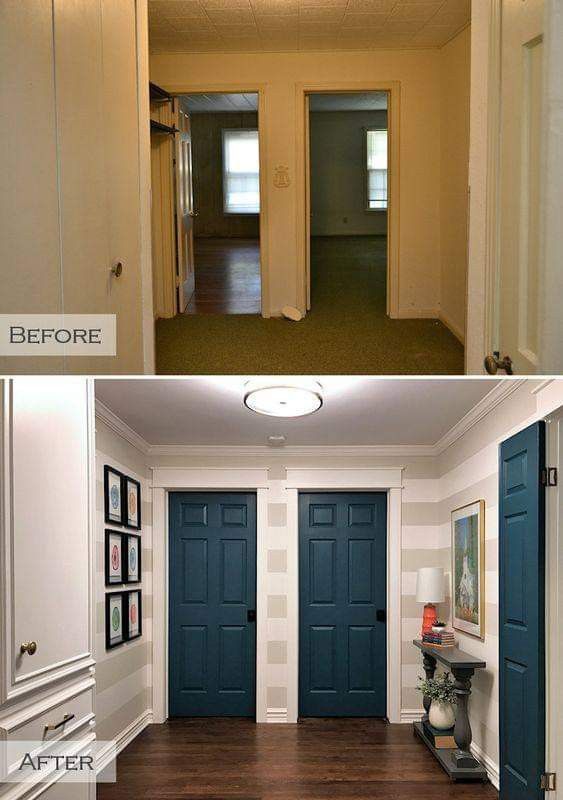 before and after pictures of an empty room with blue doors, white walls and wood floors