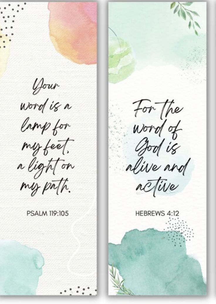 two watercolor bookmarks with bible verses on them