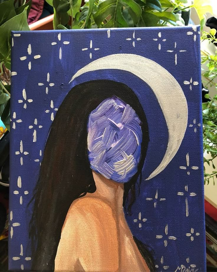 a painting of a woman wearing a blue hat with the moon in her hair on it